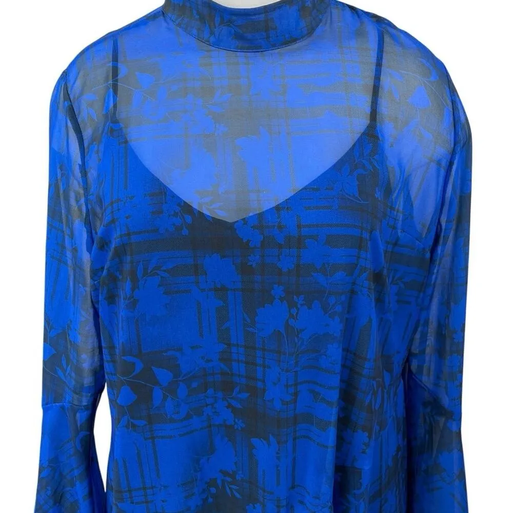 Topshop Blue Checkered Floral Fluted Seamed Asymmetric High Neck Midi Dress 14 - Image 3