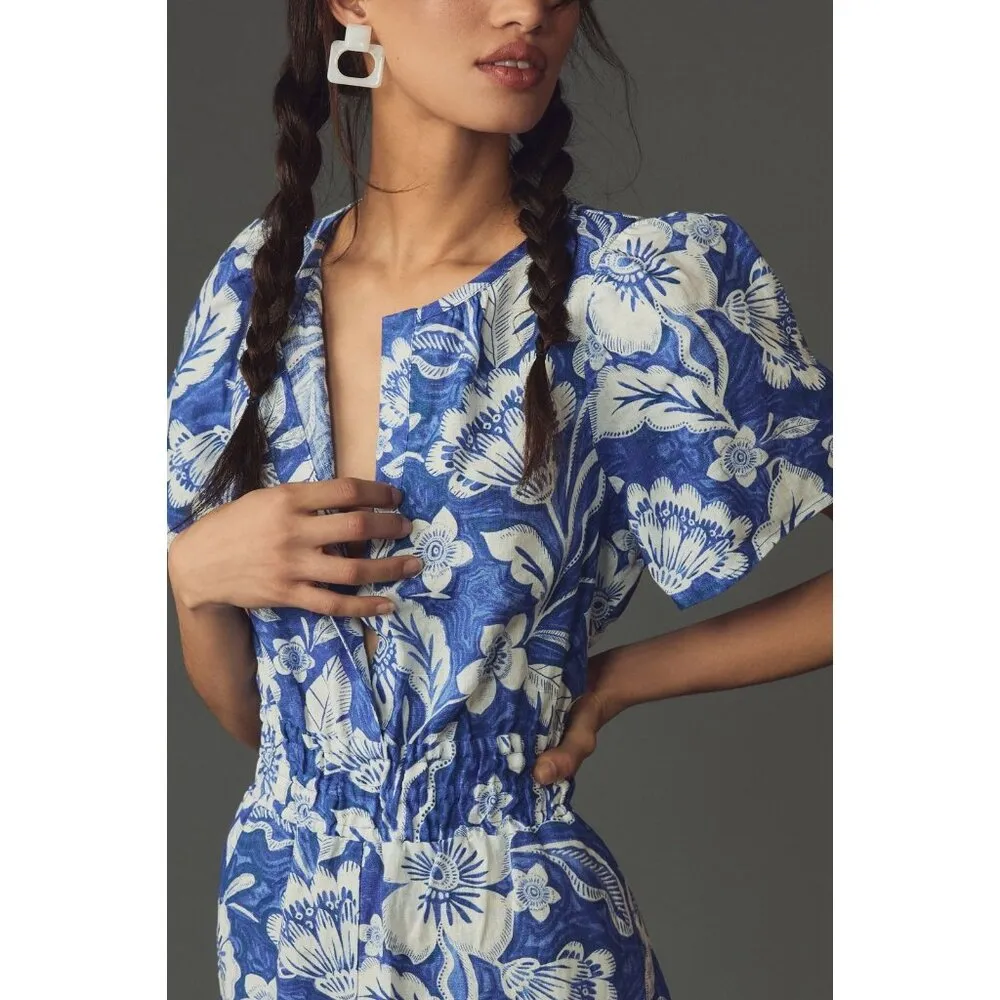 NWT Anthropologie The Somerset Jumpsuit in Blue Floral Linen One-Piece 3X - Image 7