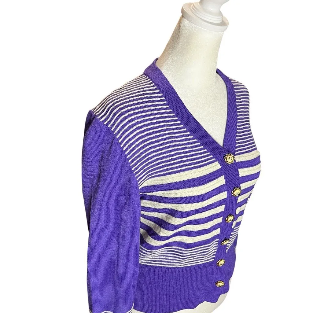 St. John Collection Purple Ivory Striped Knit Cardigan Sweater Petite P USA - Image 3