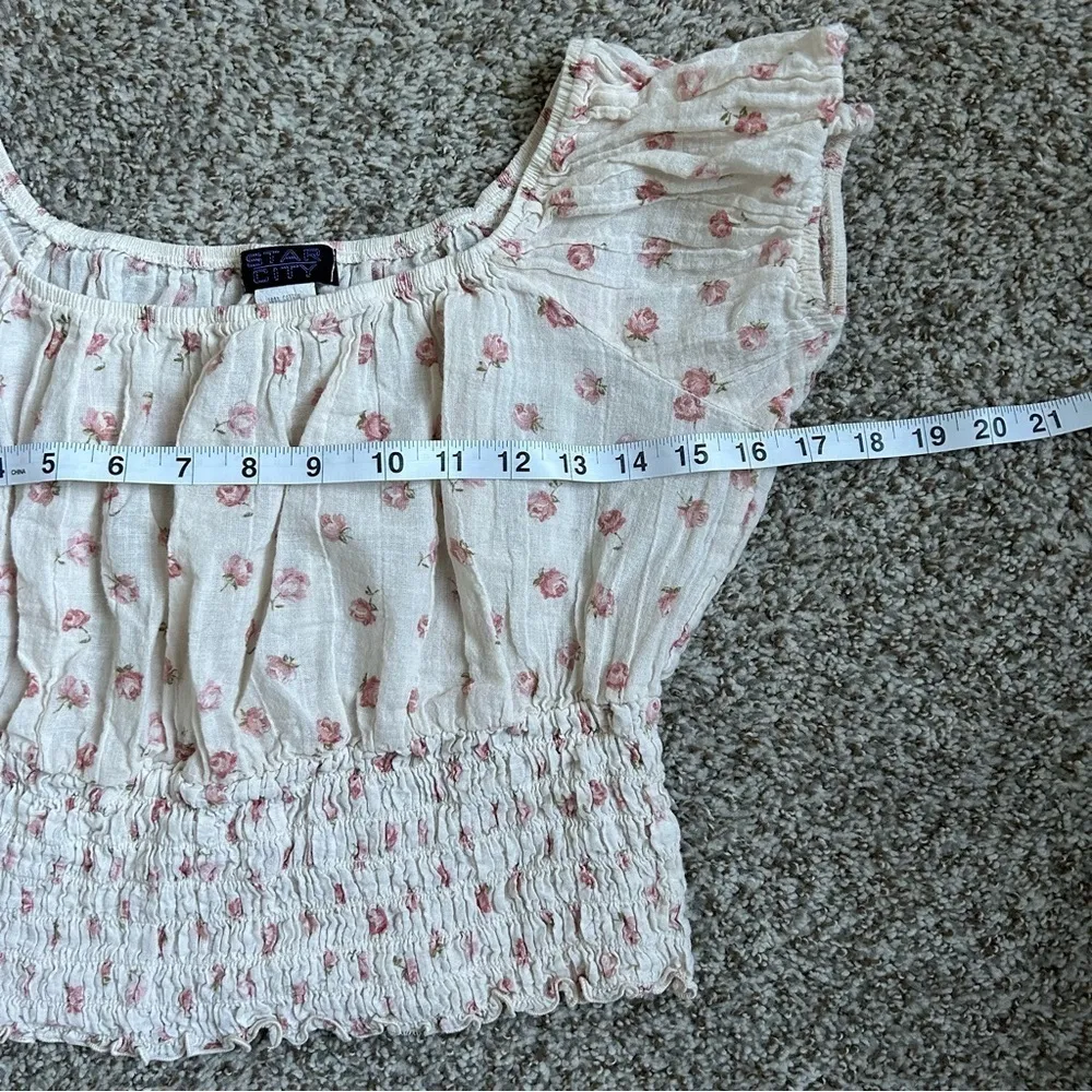 Star City Vintage Cream Floral Off the Shoulder Puff Sleeve Crop Top Large Boho - Image 6