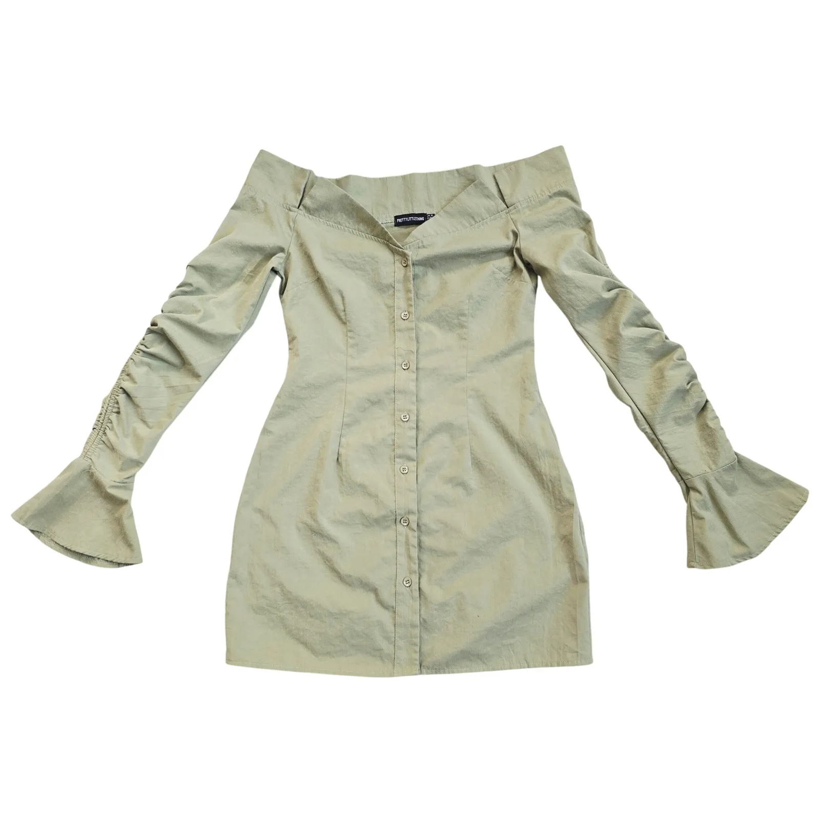 pretty little thing olive green dress PrettyLittleThing Women's Double Layer Slinky Asymmetric Ruched Sleeve Maxi Dress in Olive