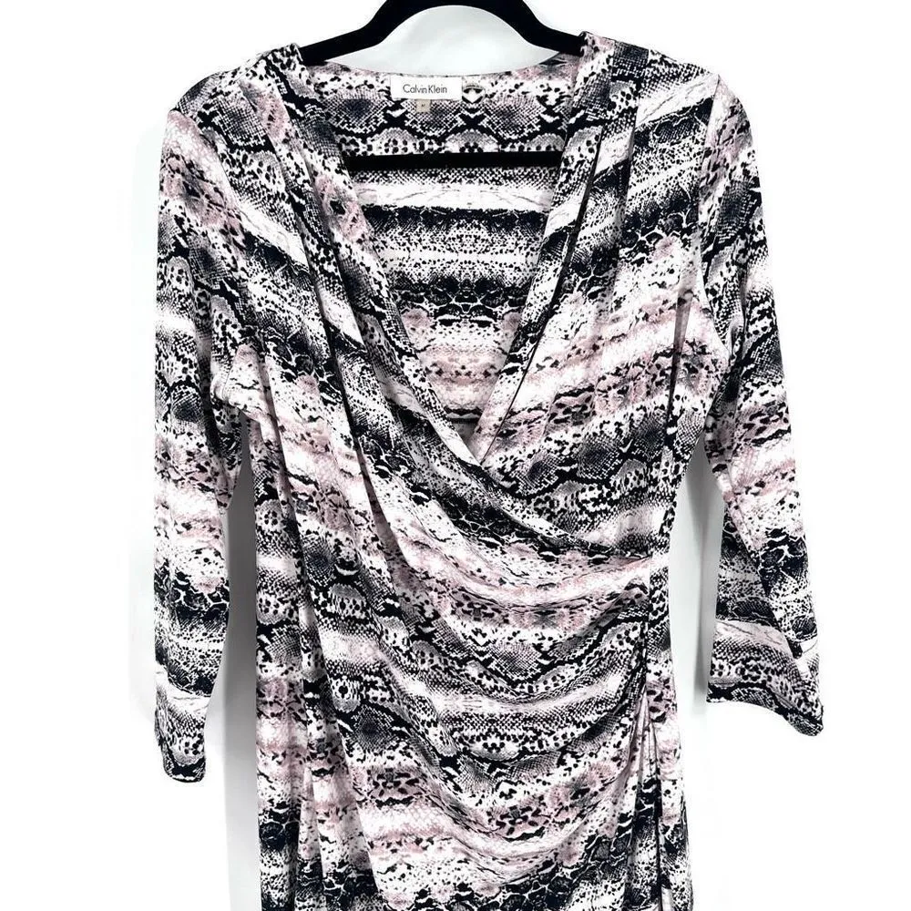 Calvin Klein Snake Skin Print Ruched faux Wrap Midi Dress medium‎ office career - Image 3
