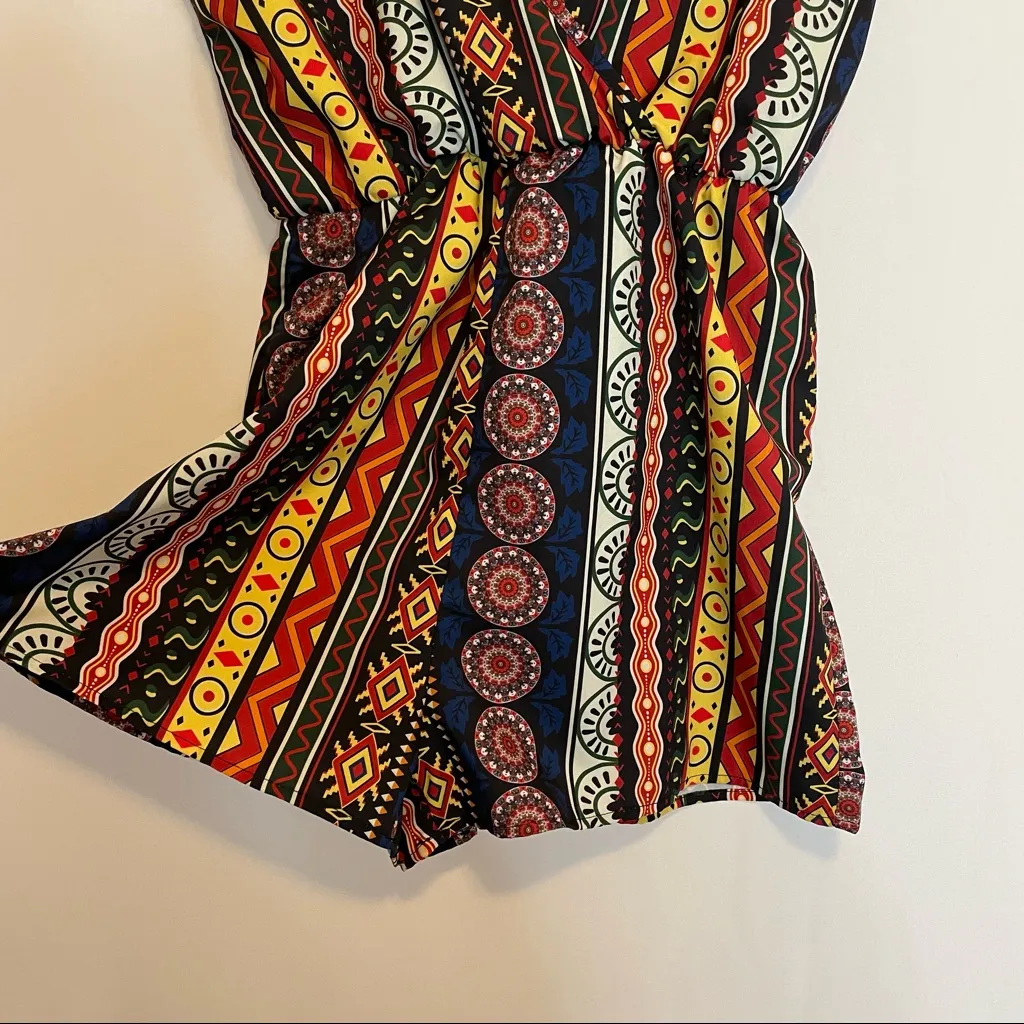 Shein Crazy Print Romper V-Neck Wrap Front Shorts Colorful Pattern‎ Sleeveless M - Image 4