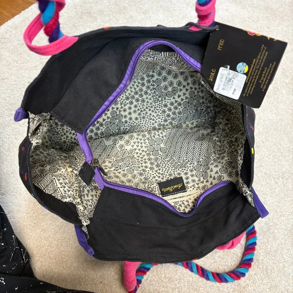 NWT Laurel Burch Rainbow Dancing Spirits Zip Shoulder Tote Black - Image 3