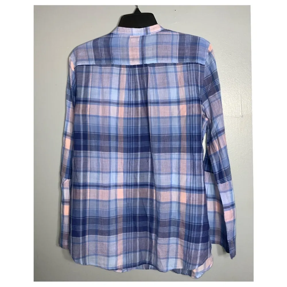 Ann Taylor LOFT Cotton Blue Plaid Bell Sleeve Softened Shirt Top Size Large - Image 5