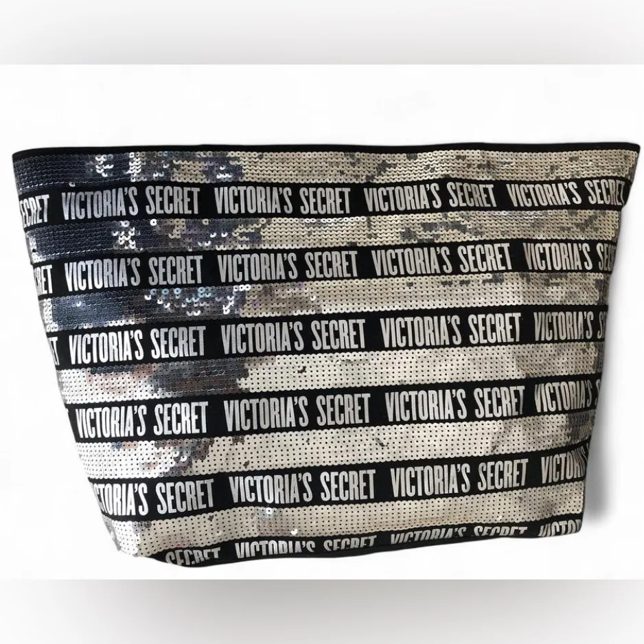 Victoria’s Secret Black Silver Sequin Bling Large Tote Weekender Bag Limited Ed. - Image 4