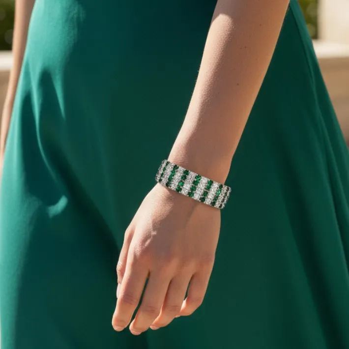 Elegant Green and white rhinestone stretchy wide wrist bracelet . New - Image 3