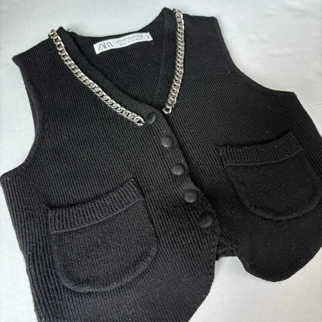Zara 100% wool chain link neckline knit waist coat vest black XS - Image 2