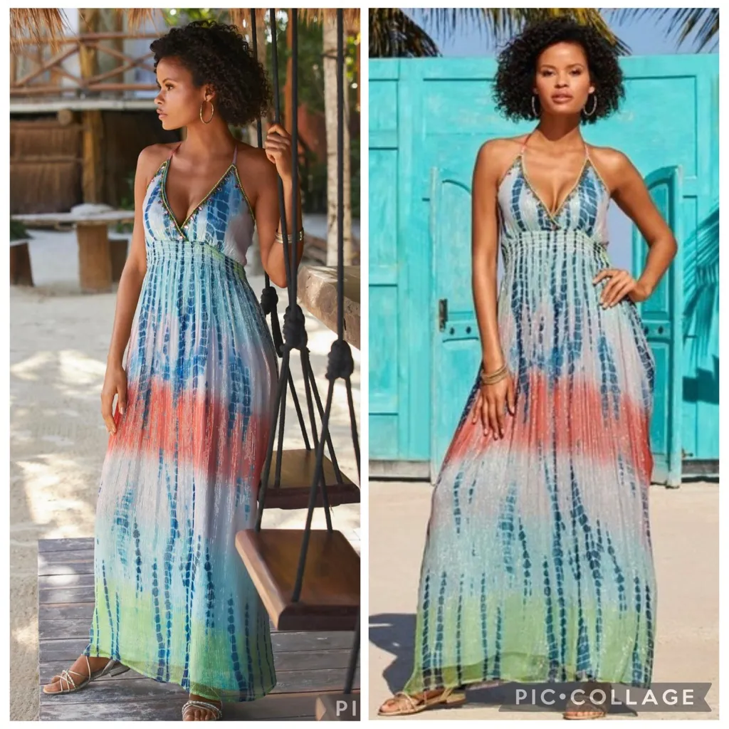 NWT Boston Proper Maxi Dress Halter Tie Dye Metallic Shimmer XS Low V-Neck Boho - Image 3