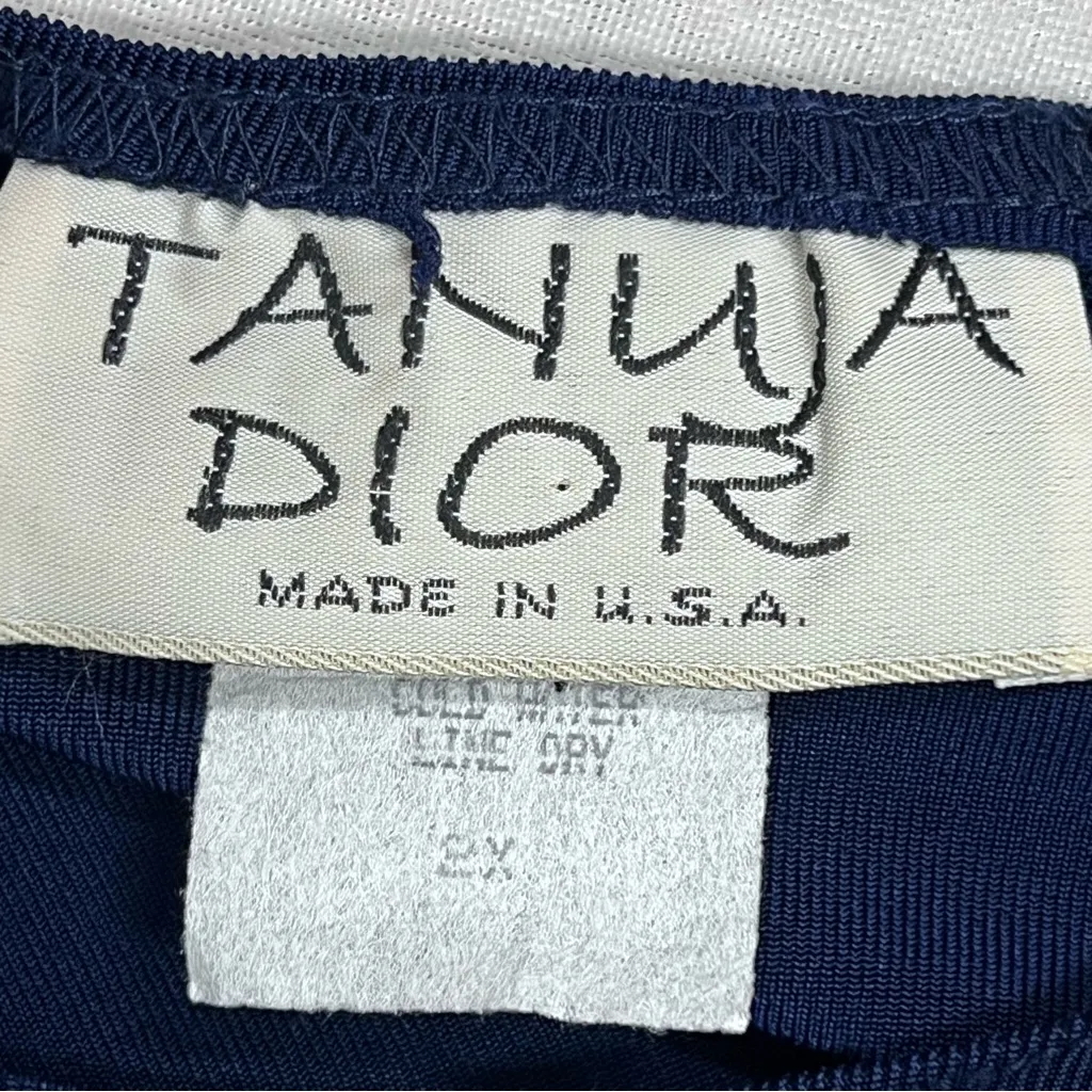 Tanuja Dior 2x Navy Long Sleeve slinky Top fringe hem crochet made in USA Blue - Image 2