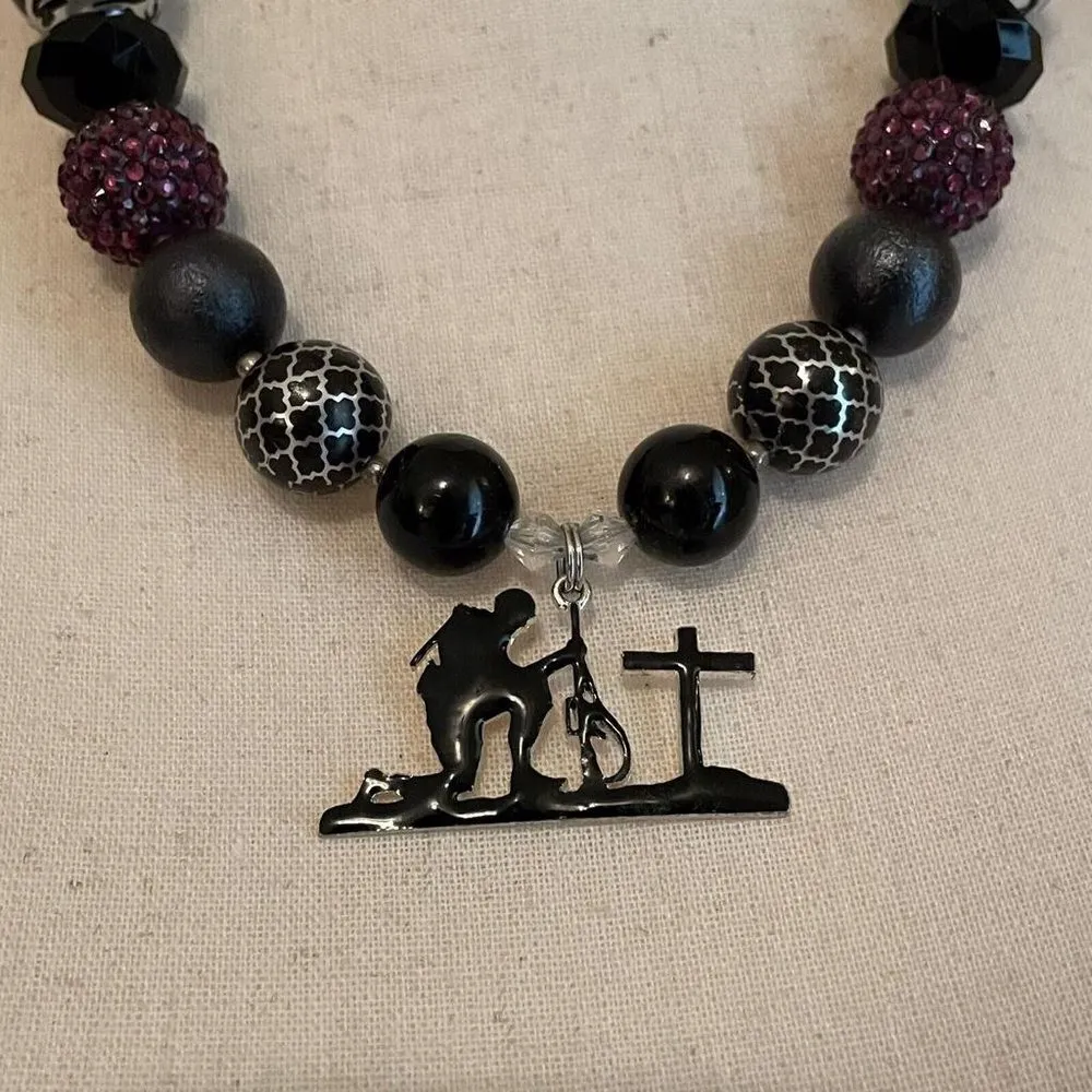 Statement Necklace - Purple / Black Bead - Military Solider Kneeling At Cross - Image 5