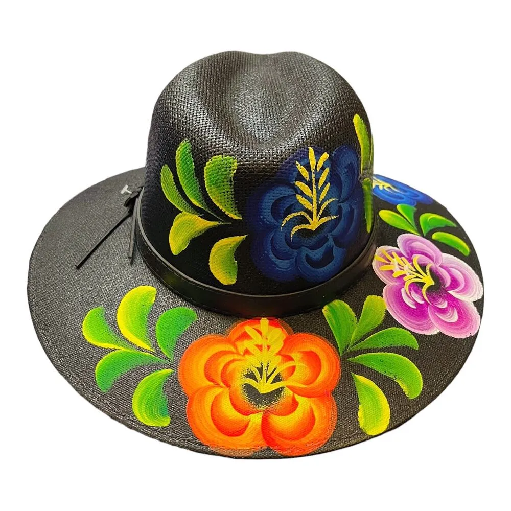 HAT MEXICAN Artisanal Hand Painted Fedora Floral Sombrero Panama Bohemian Black - Image 5