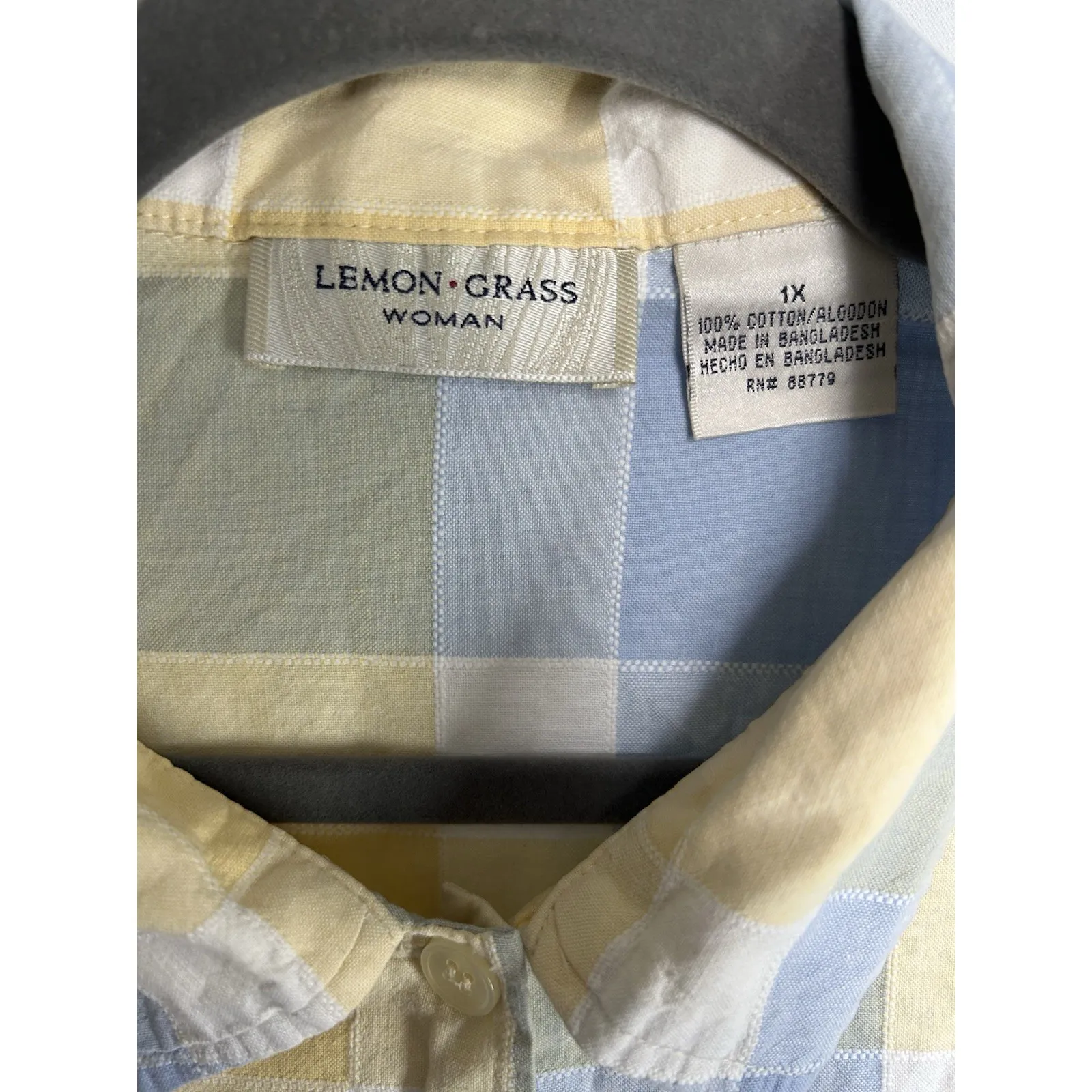 Lemon Grass Women's Size 1X Yellow Blue Plaid Short Sleeve Button - Image 7