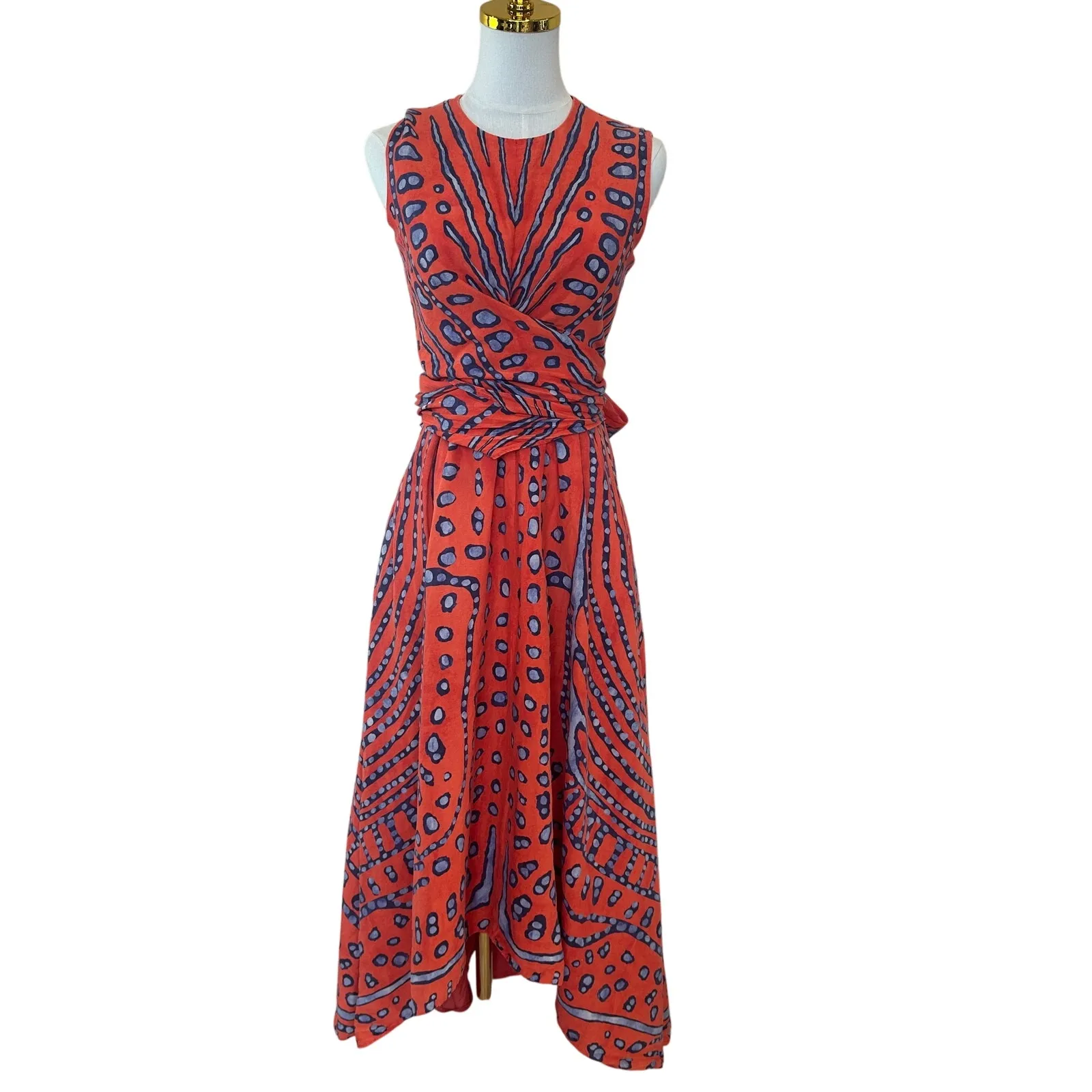 Altuzzara Batik Midi Dress SIZE 4 Artsy Linen Luxury Vacation Designer $1800 - Image 7