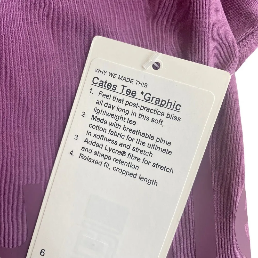 Lululemon Womens Size 6 Cates Tee Vintage Plum Purple Graphic Pima‎ Cotton New - Image 3
