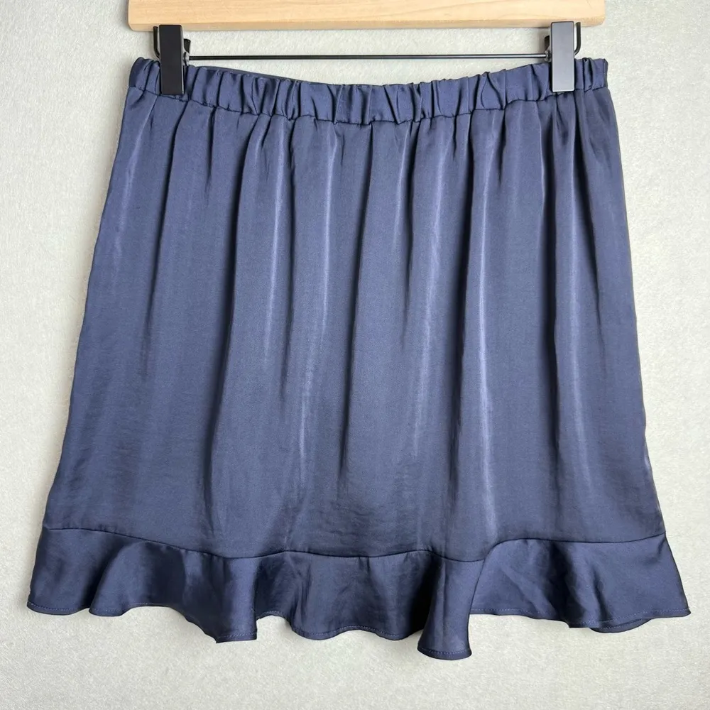 Free People Intimately Womens Navy Blue Satin Mini Faux Wrap Ruffle Skirt size M - Image 2