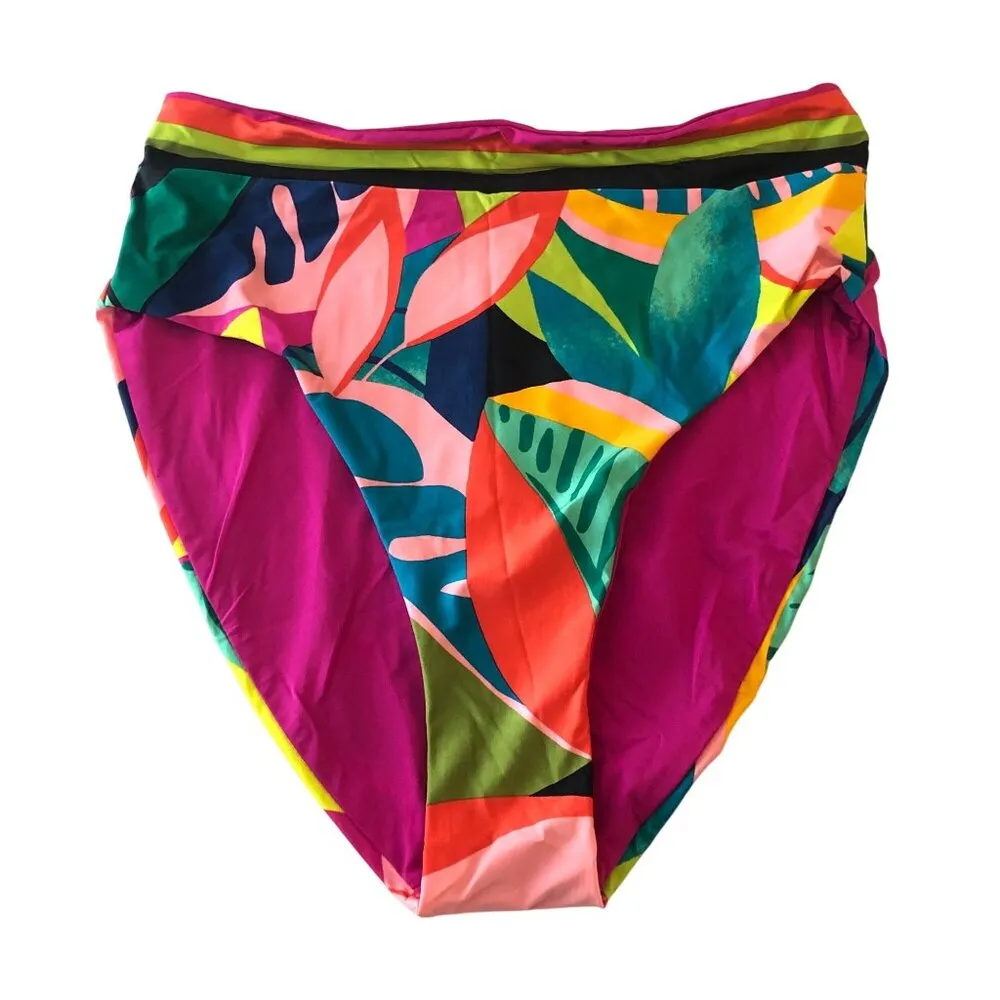 Trina Turk Bikini Bottom High Waist Colorful Floral Print Stripe Waist 6 - Image 3