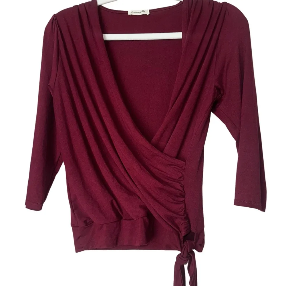 Loveappella Elegant Burgundy Faux Tie Wrap Top Size Small New WOT - Image 8