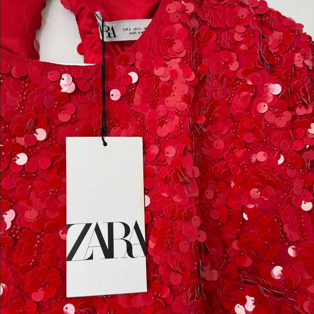 Zara Red Sequined Mini Dress Size: L - Image 6