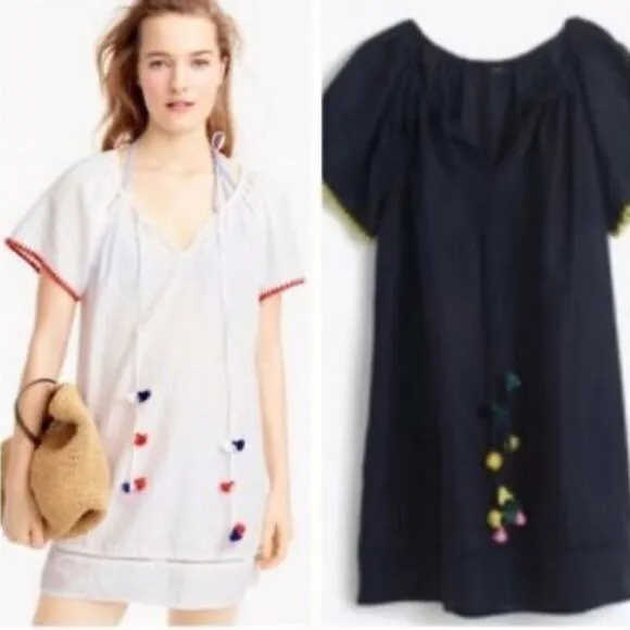 J. Crew Embroidered Linen Blend Cover Up Tunic with Pom Poms, Navy Blue Size M - Image 2
