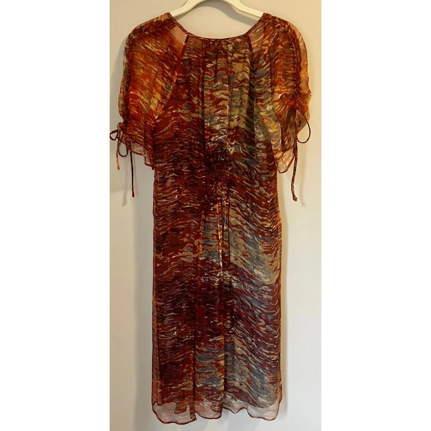 SUNDANCE Brown & Cream 100% Silk Boho Print Chiffon Blouson Knee Length Dress S - Image 2