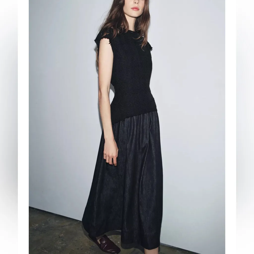 Zara NWT black textured black & dark blue denim midi maxi flowy drop waist dress - Image 3