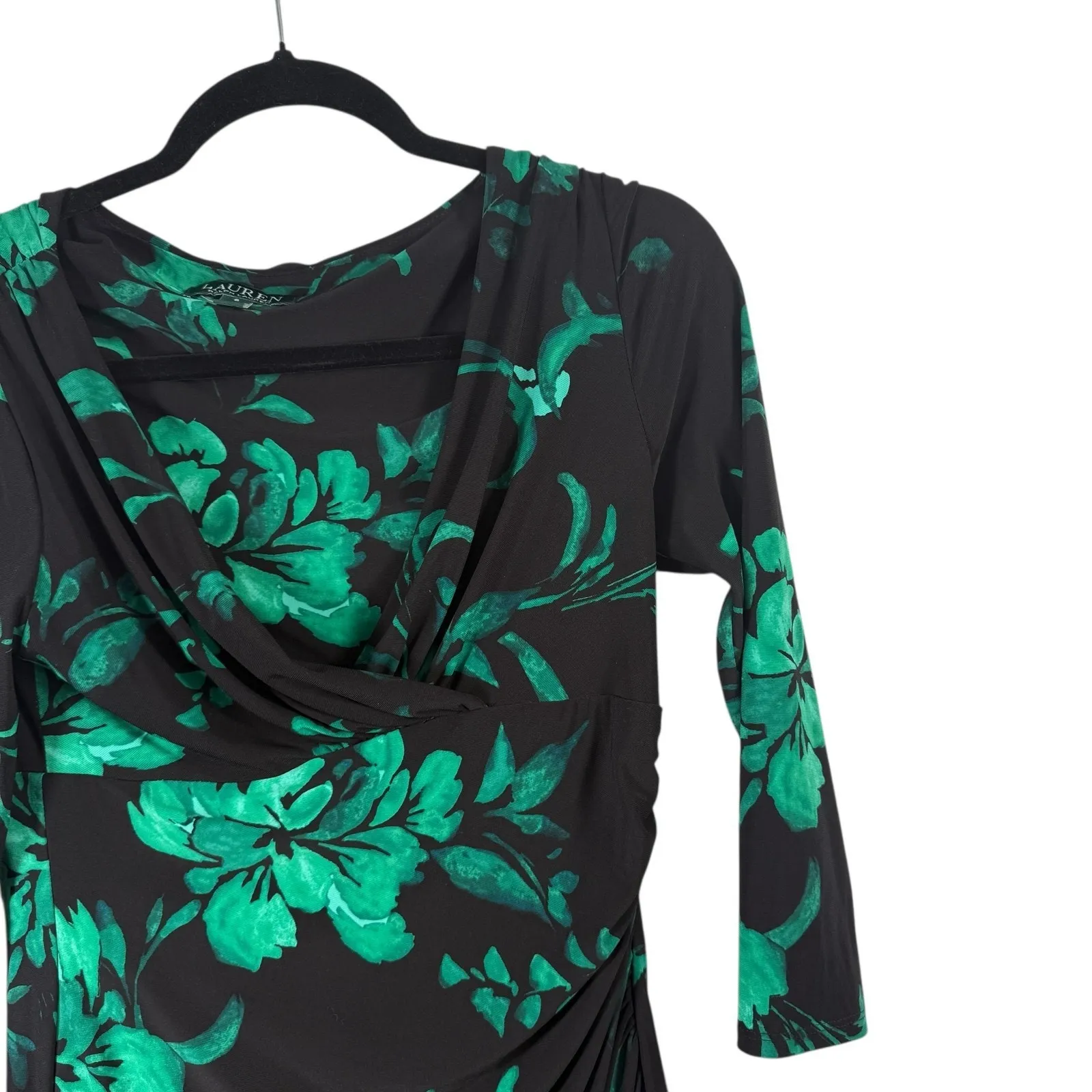 Lauren Ralph Lauren Black Green Floral Faux Wrap Dress Office Career Womens 6 - Image 2