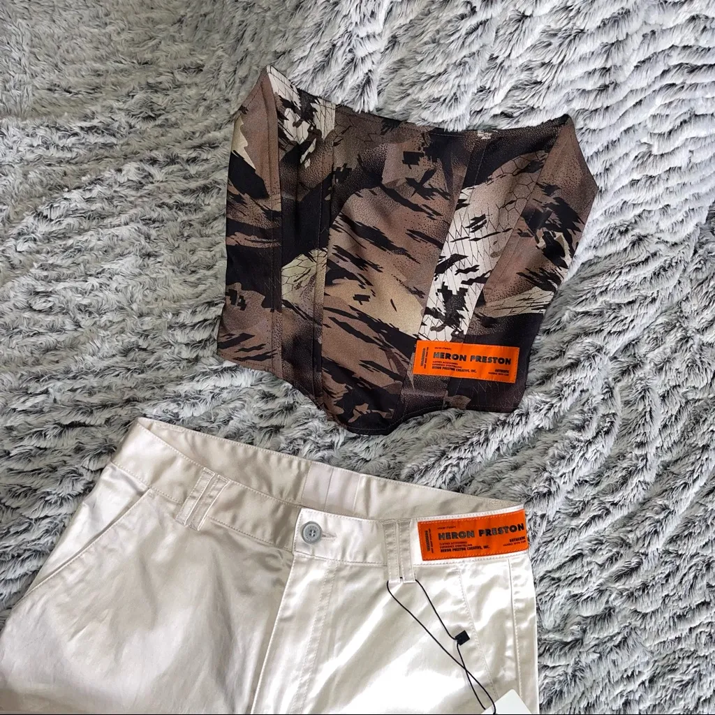 Heron Preston Camouflage Satin Corset Top H.W.C. Zip-Up Logo Tape Size 2 IT 38 - Image 7