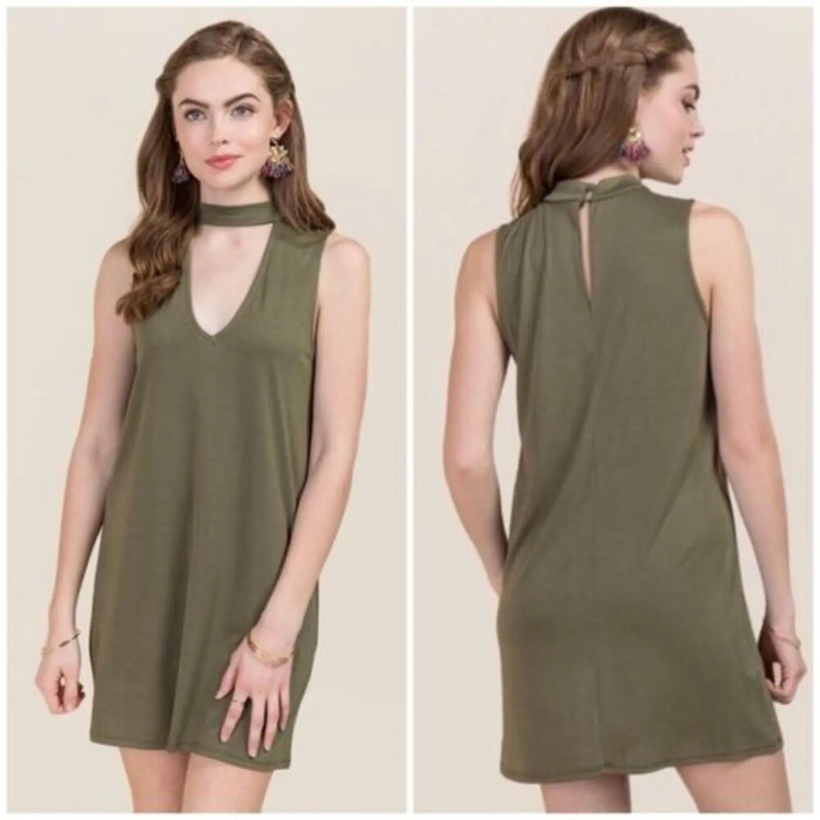 NWT Francesca’s Consuela Mini Dress Womens S Olive Green Choker Shift Minimalist - Image 2