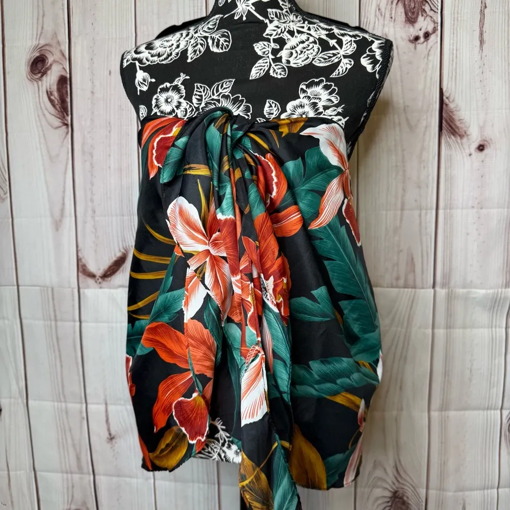 VTG 90s Hilo Hattie Wrap Skirt Aloha Print Sz OS Hawaiian Retro Orchid Tropical Black - Image 9