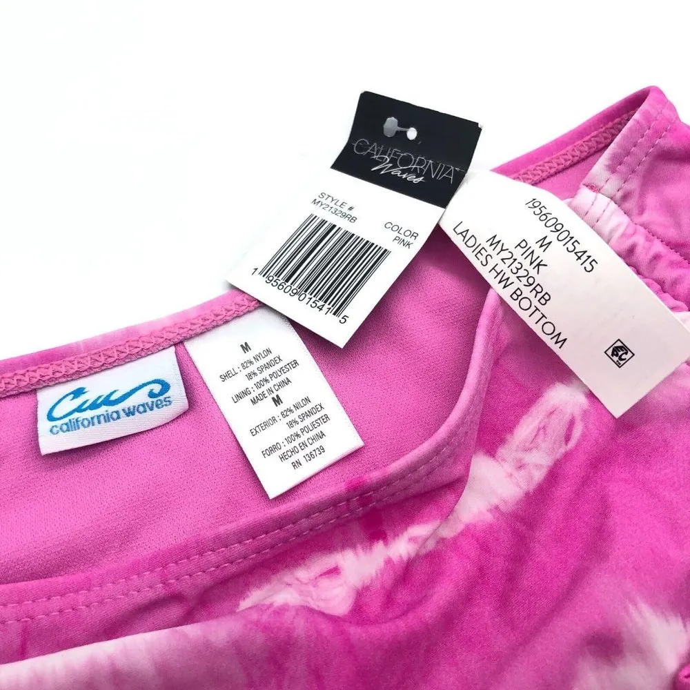 California Waves High Waisted Bikini Bottom Ruched Tie Dye Pink M - Image 4