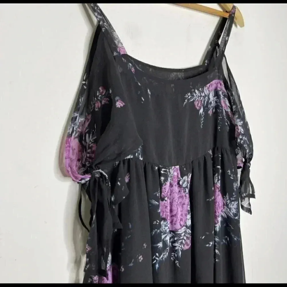 Free People Black Floral MIDI Off the shoulder Dress Size XS Tied to You - Image 4