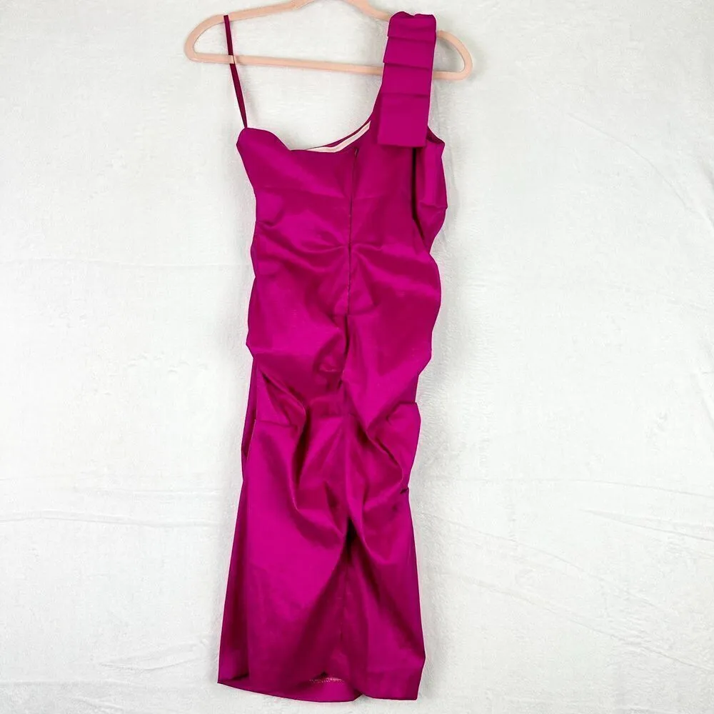 Cache Vintage 90s Y2K Satin One Shoulder Bow Detail Cocktail Dress Size 8 Pink - Image 2