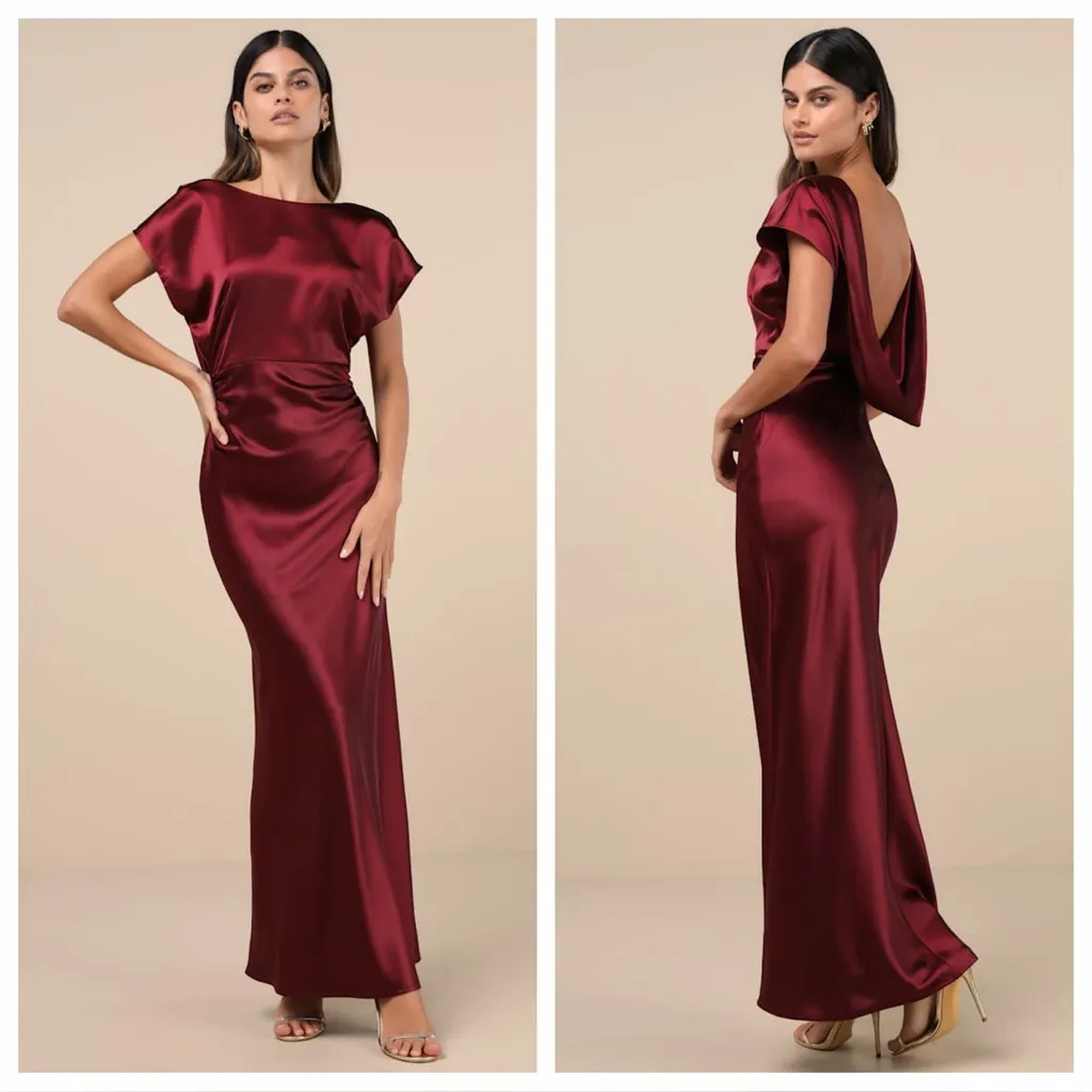 Lulus Captivating Presence Wine Red Satin Cowl Back Maxi Dress - Image 2