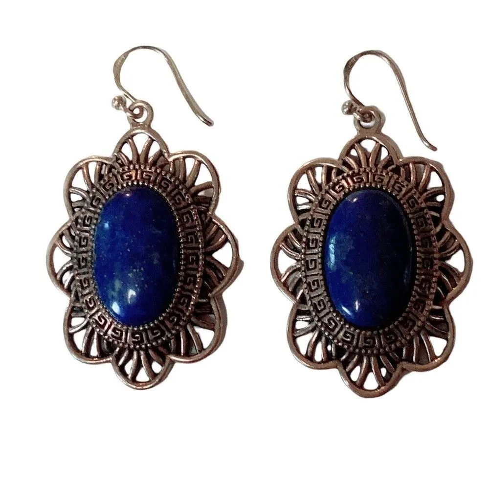 Barse Thai Oval Drop Dangle Earrings Lapis Lazuli Bronze Frame & Hook Marked 925 - Image 2