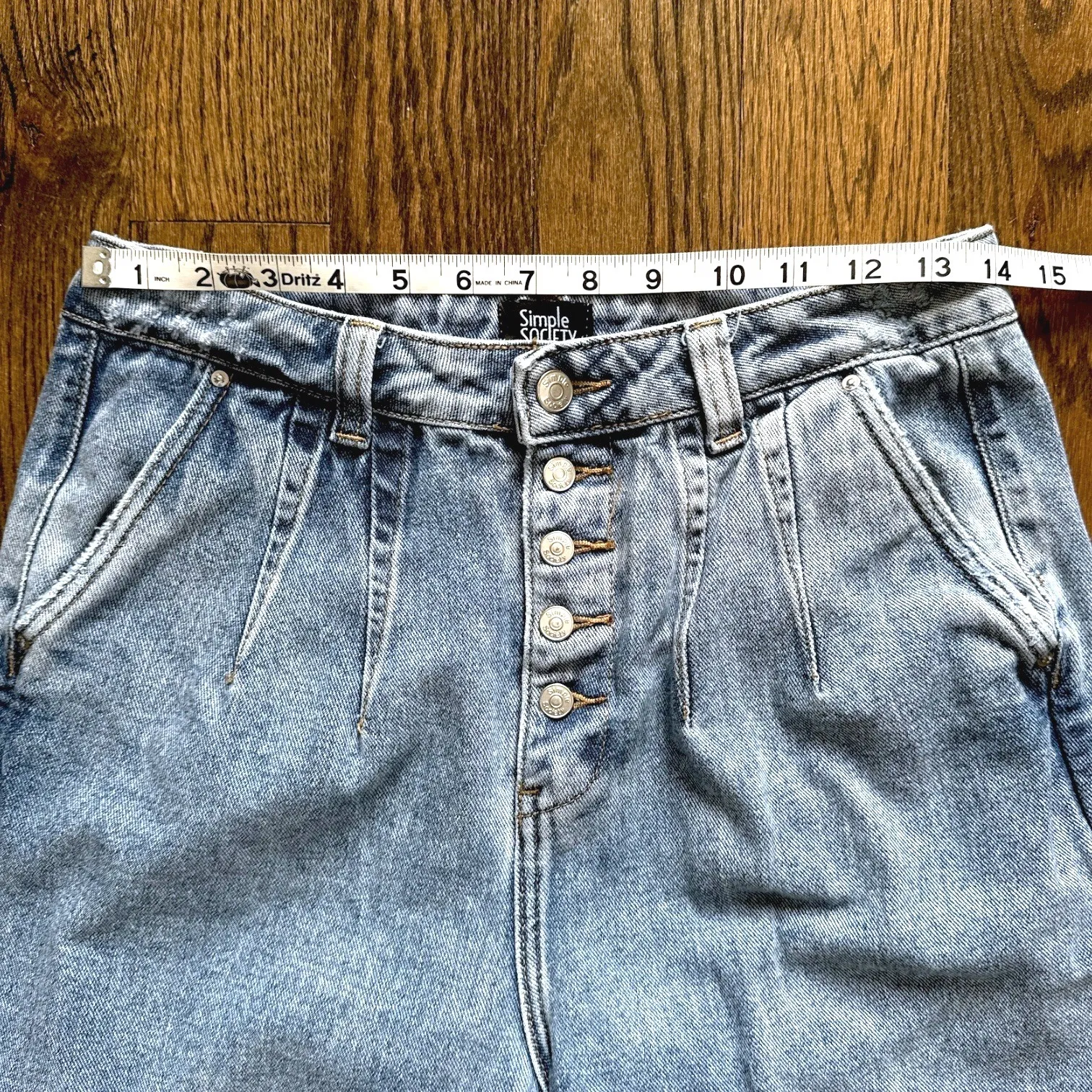 Simple Society Mom Jeans 7/28 High Waist Button Fly Distressed Hem Light Wash - Image 2