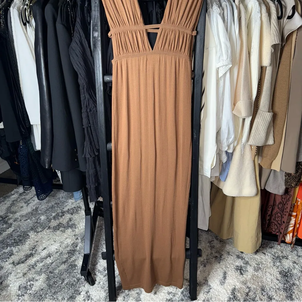 Ronny Kobo Charlie Dress Driftwood Brown Ruched Cutout Jersey Maxi - Image 11