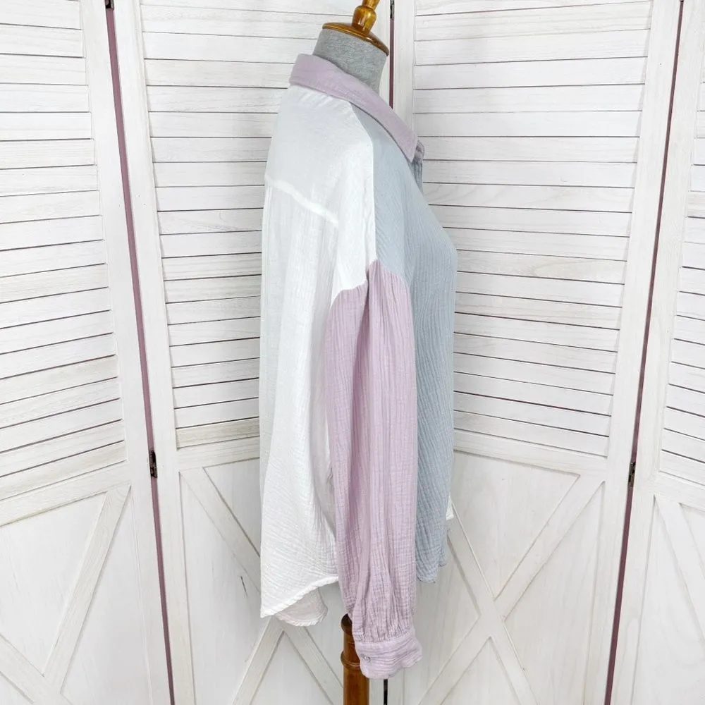 Entro Oversized Gauze Color Block Button Up Shirt White Grey Purple Small - Image 4