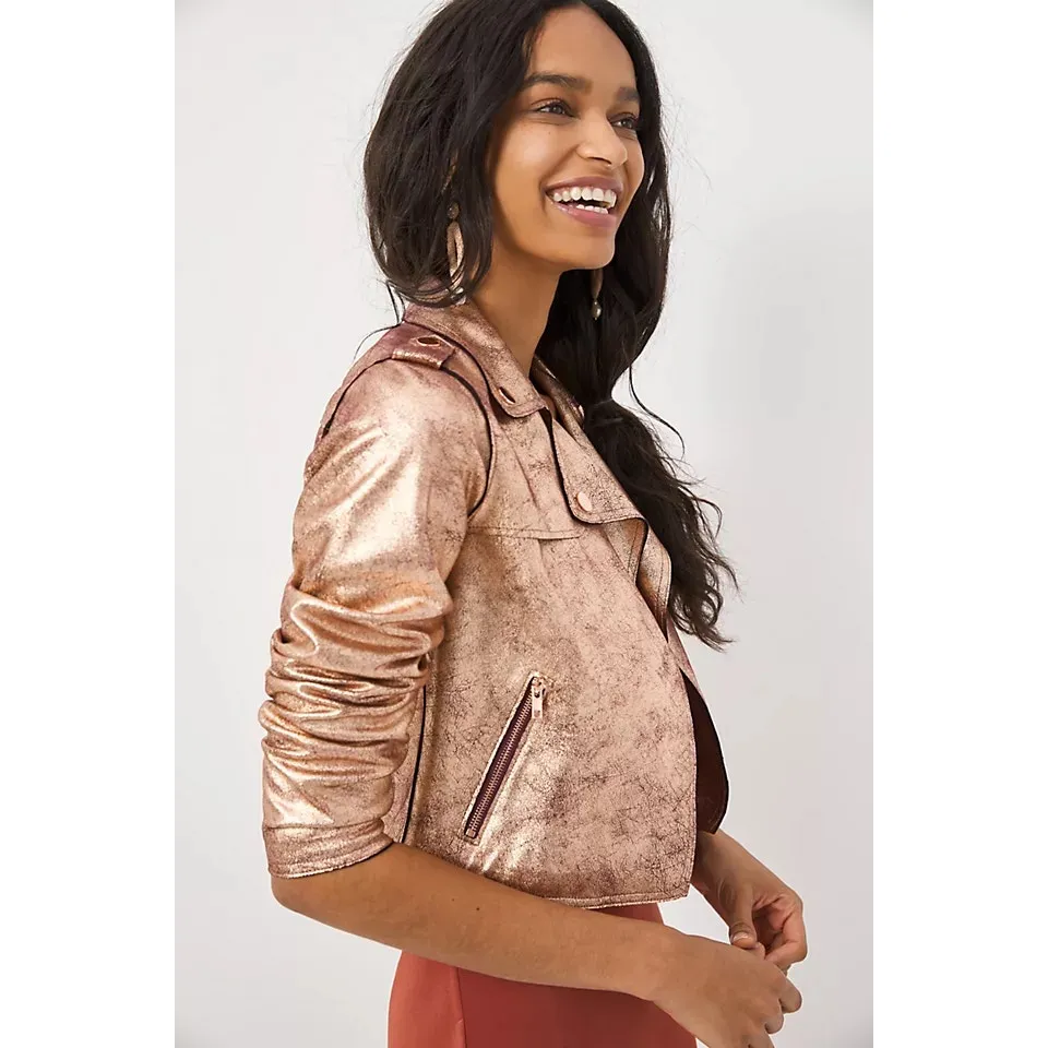 Anthropologie Brisa Metallic Cropped Faux Leather Moto Jacket Rose Gold Small - Image 3