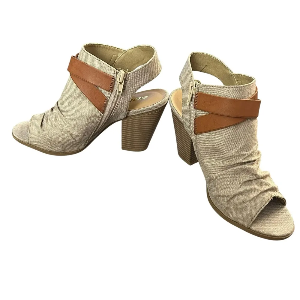 Soda Shoes Womens 7.5 Peep Toe Buckle Booties Linen Tan Stacked Heel Coastal New - Image 12