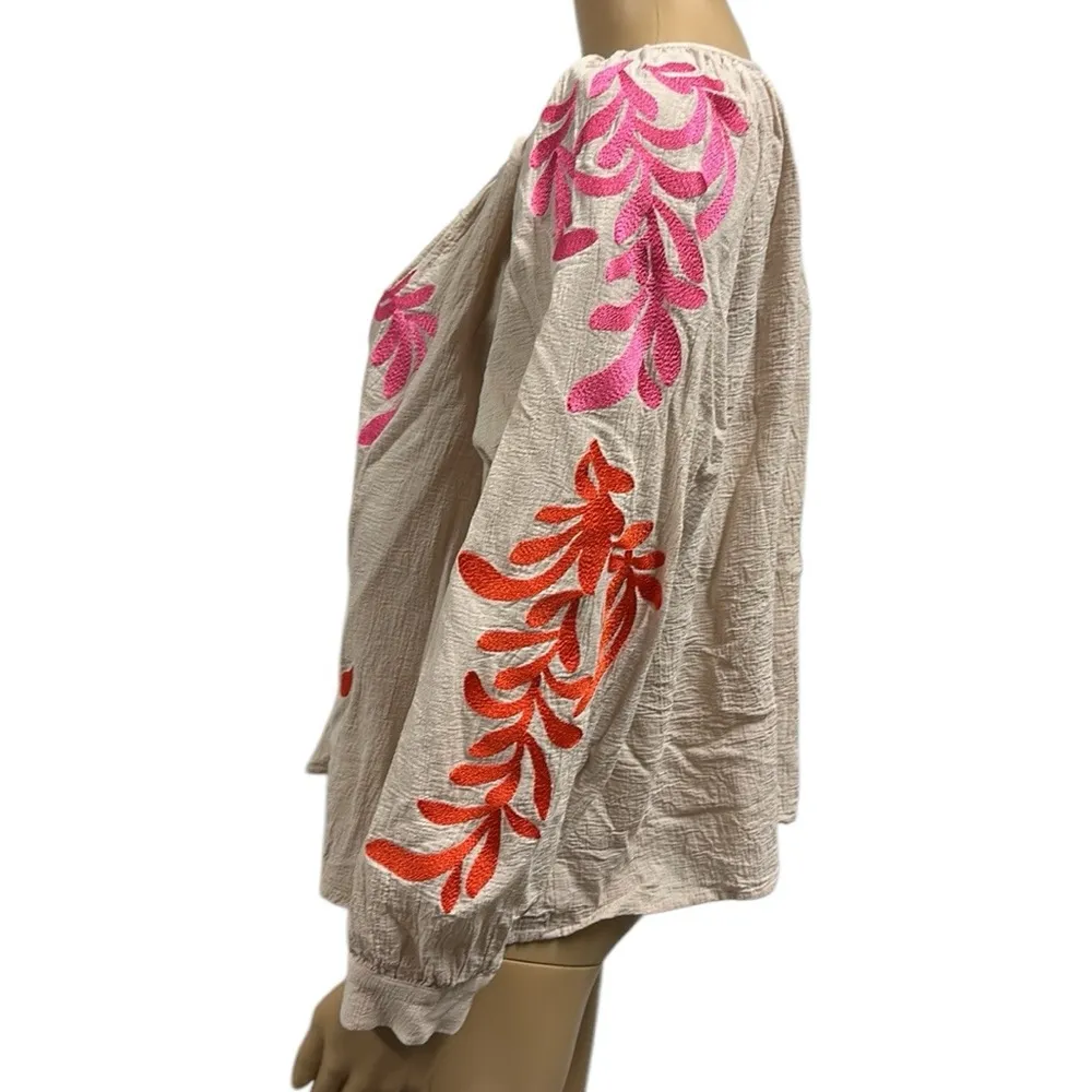 Vici Cotton Bohemian Embroidered V Neck 3 Quarter Sleeve Blouse Top Womens Large - Image 3