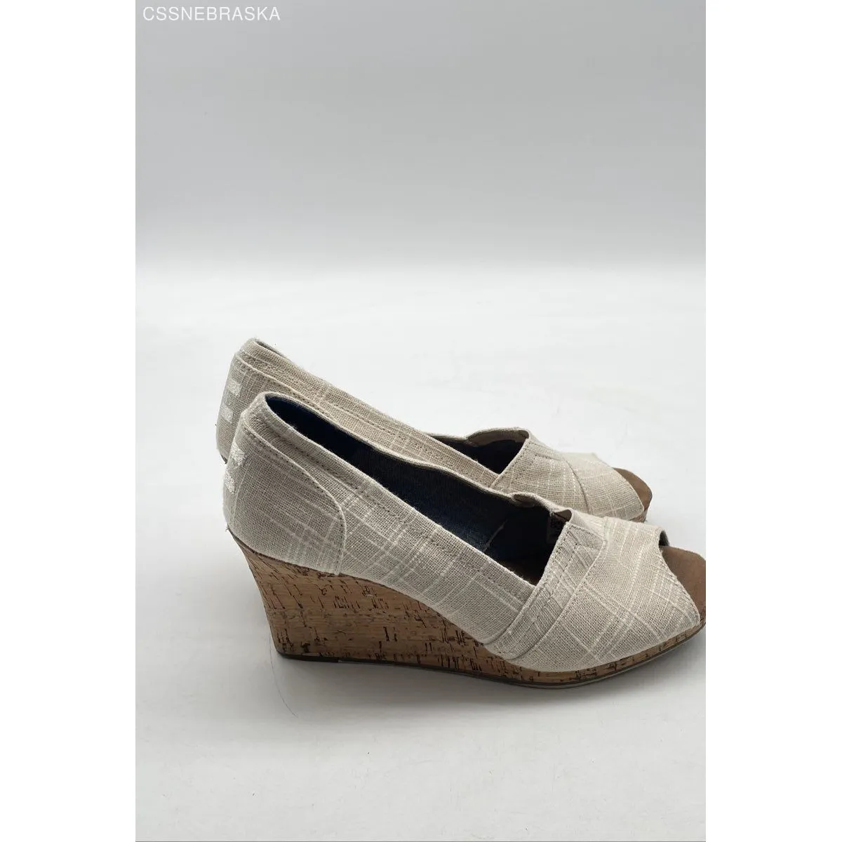 TOMS Beige Classic Wedge Natural Linen with Cork Open Toe Heels Women's - Size 7 - Image 7
