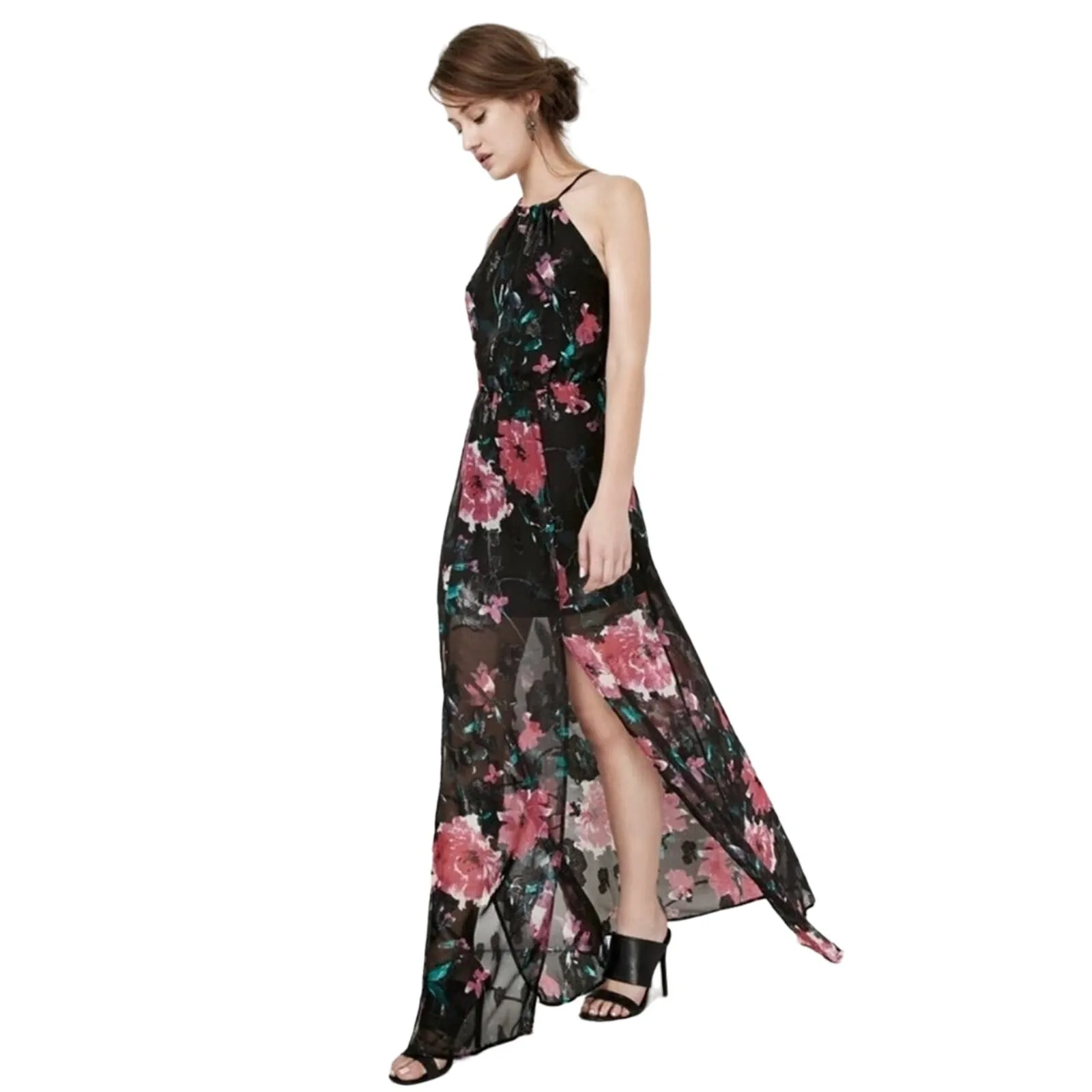 Tularosa Maxi Dress Pink Floral Spaghetti Strap Halter Black Sheer - Image 3