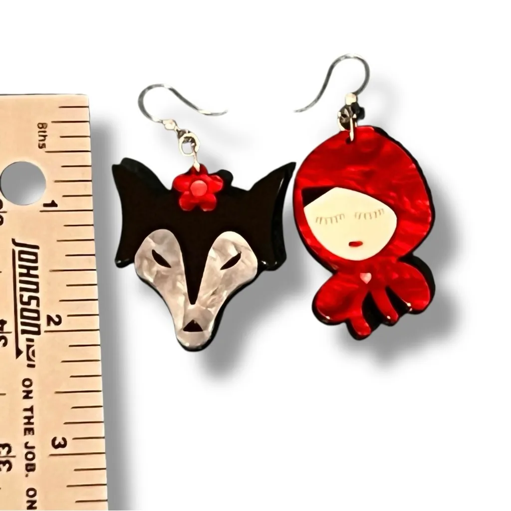 NEW Earrings Little Red Riding Hood & Wolf Acrylic Dangle Hypoallergenic - Image 2