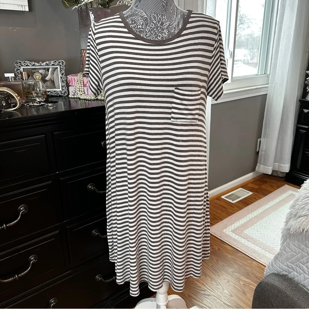 LuLaRoe Carly Striped Swing Dress Gray Brown Ivory Pocket Soft Stretch Medium - Image 3