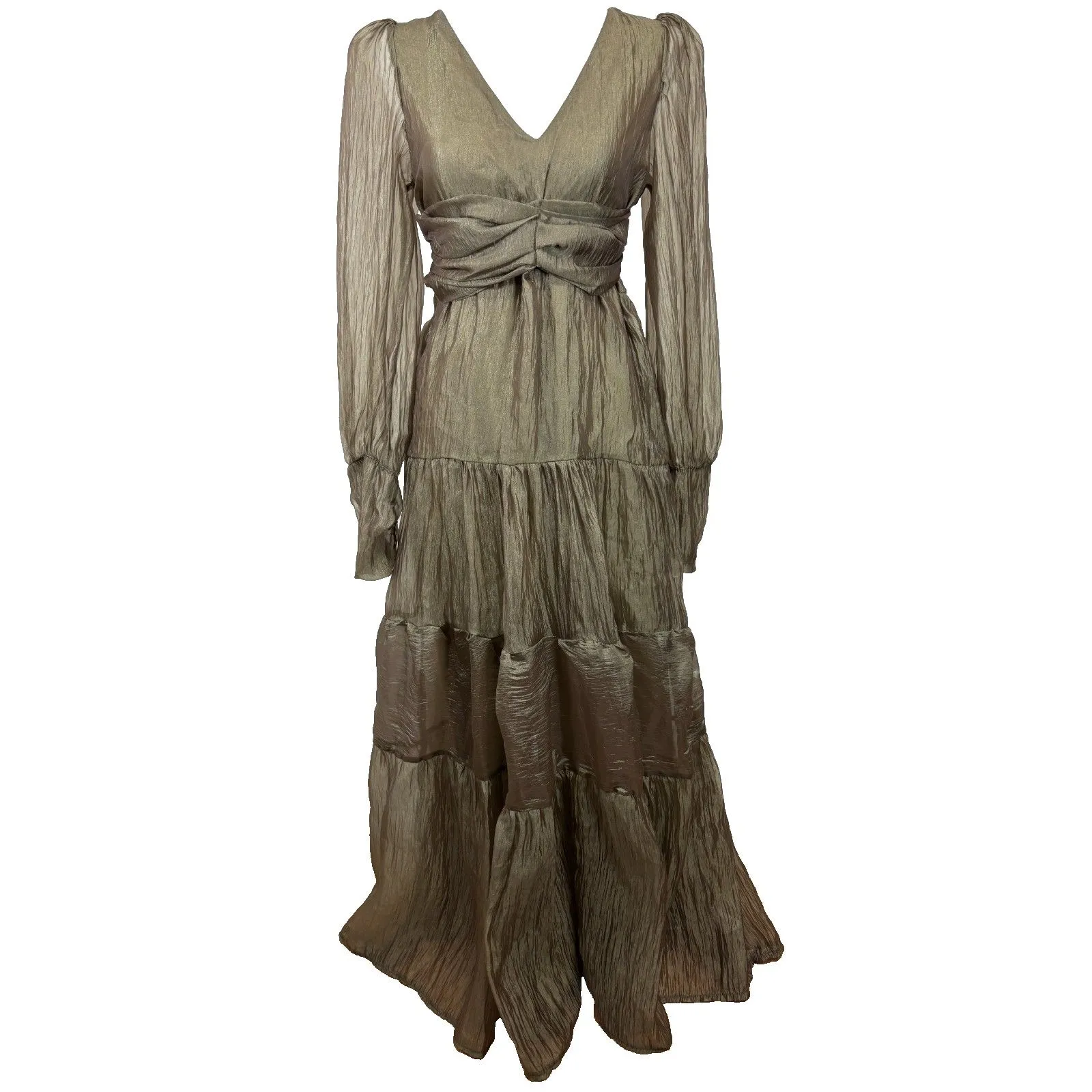 Sheer Crinkle Tiered Maxi Dress Women's S Khaki Ethereal Romantic Coquette Chic Size L - Image 3
