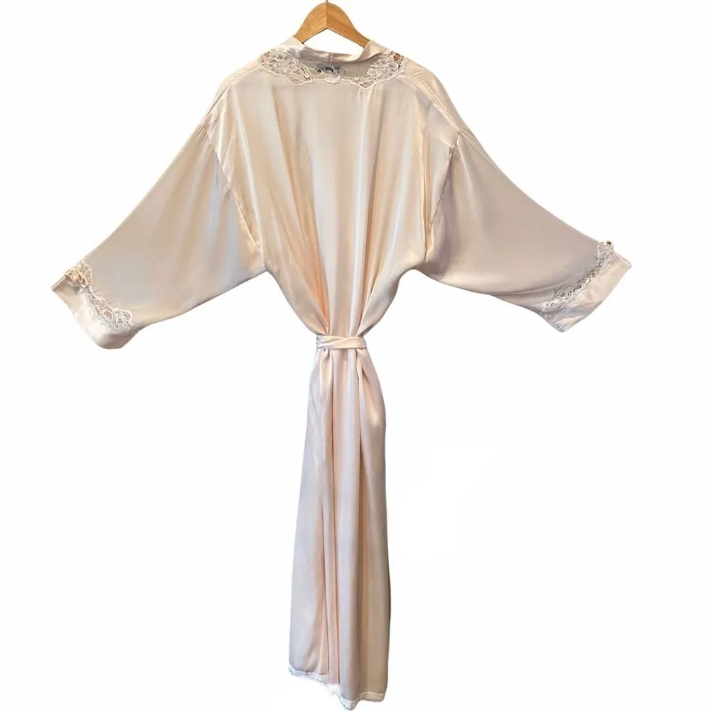 CHRISTIAN DIOR Long Silky Lace Trim Peach Robe - Image 4