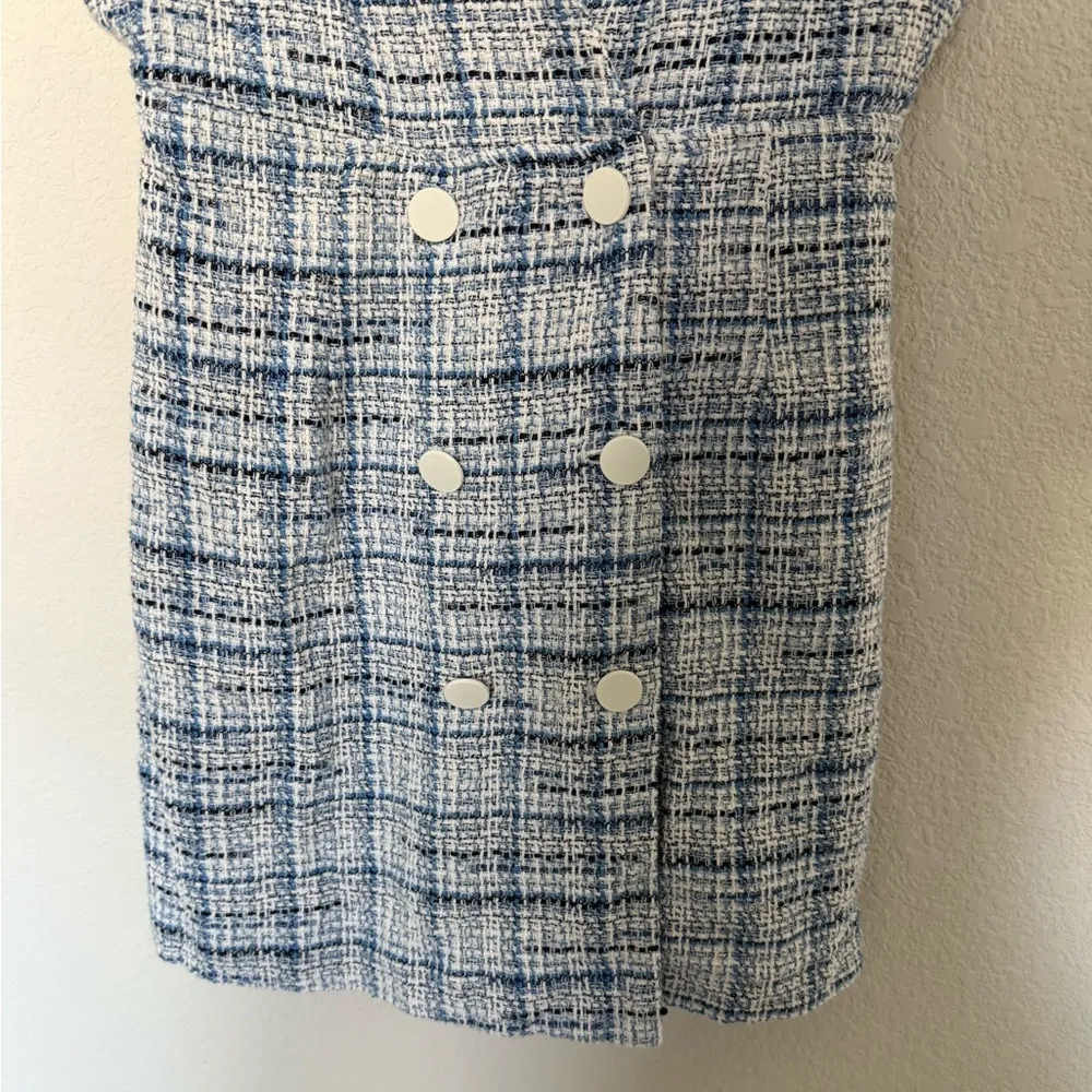 ZARA Blue and White Tweed Plaid Pinafore Mini Dress Medium Double Breasted - Image 9