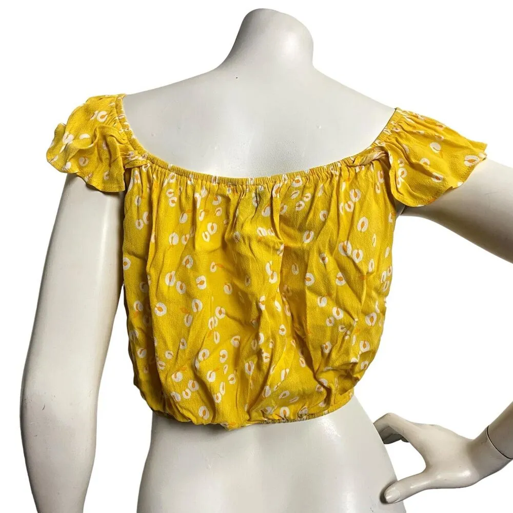 Forever 21 Womens Medium Yellow Floral Off Shoulder Crop Top Button Front Summer - Image 2