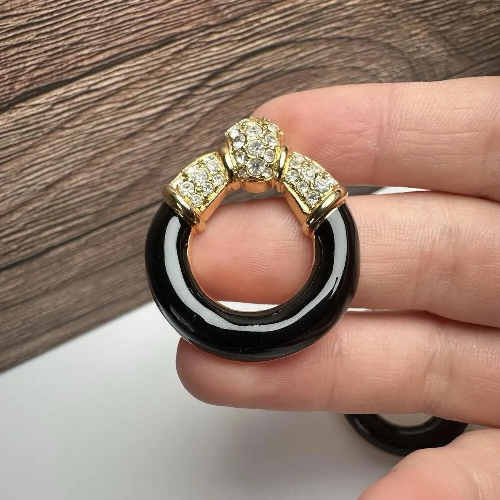 Swarovski Crystal Gold Tone Black Enamel Pierced Earrings (Swan Marked) - Image 7